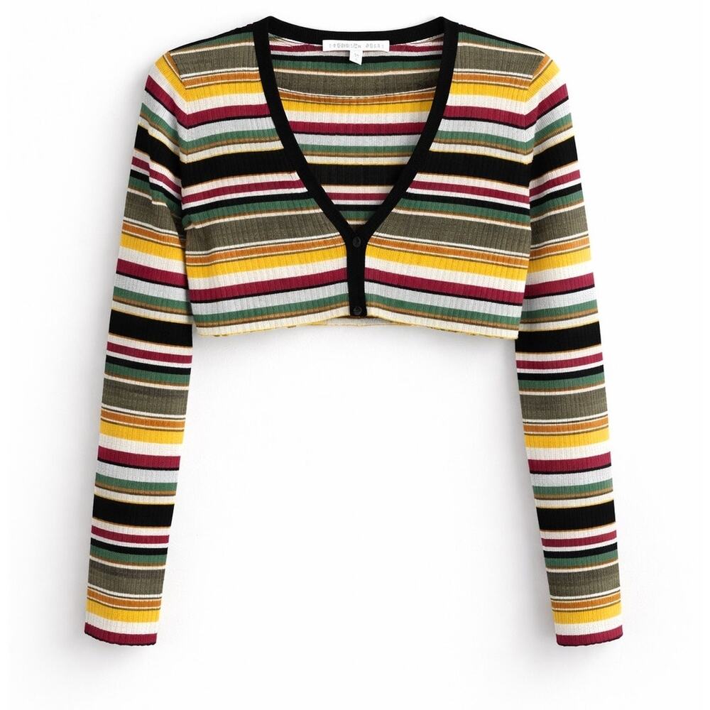 Veronica Beard Cropped Striped Ribbed Cardigan Small | Y2K Fitted Knit Top